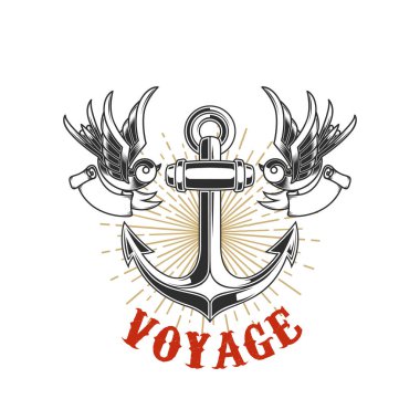 Gravür tarzında kırlangıçların olduğu klasik bir sunucu tasviri. Logo, etiket, tabela, poster ve tişört için tasarım elemanı. Vektör illüstrasyonu