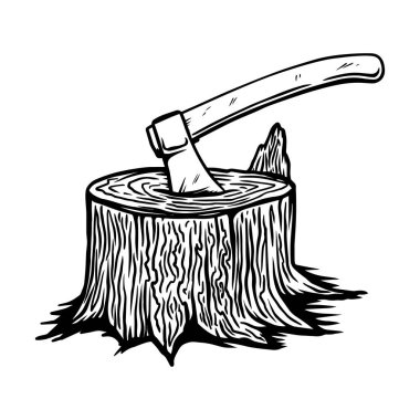 Ahşap bir güvertede oyma tarzında oduncu baltası tasviri. Amblem, işaret, poster, kart, afiş, el ilanı için tasarım ögesi. Vektör illüstrasyonu