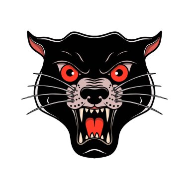 Vahşi kedi kafasının eski usul dövmeli hali. Poster, kart, pankart, amblem ve tişört için tasarım öğesi. Vektör illüstrasyonu