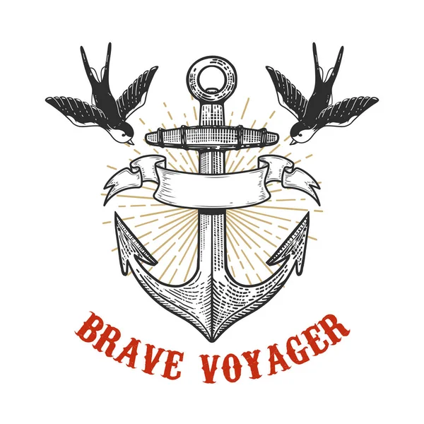 Gravür tarzında kırlangıçların olduğu klasik bir sunucu tasviri. Logo, etiket, tabela, poster ve tişört için tasarım elemanı. Vektör illüstrasyonu