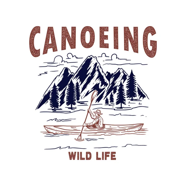Canoeing Illustration Wild Mountains Landscape River Man Canoe Design Element — Stockový vektor