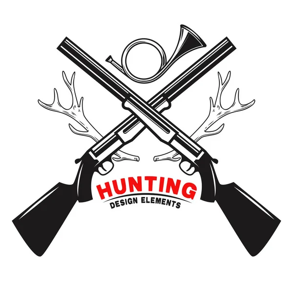 Vadászklub Emblémájának Emblémája Szarvas Szarvakkal Fegyverekkel Vadászkürttel Logó Címke Aláírás — Stock Vector