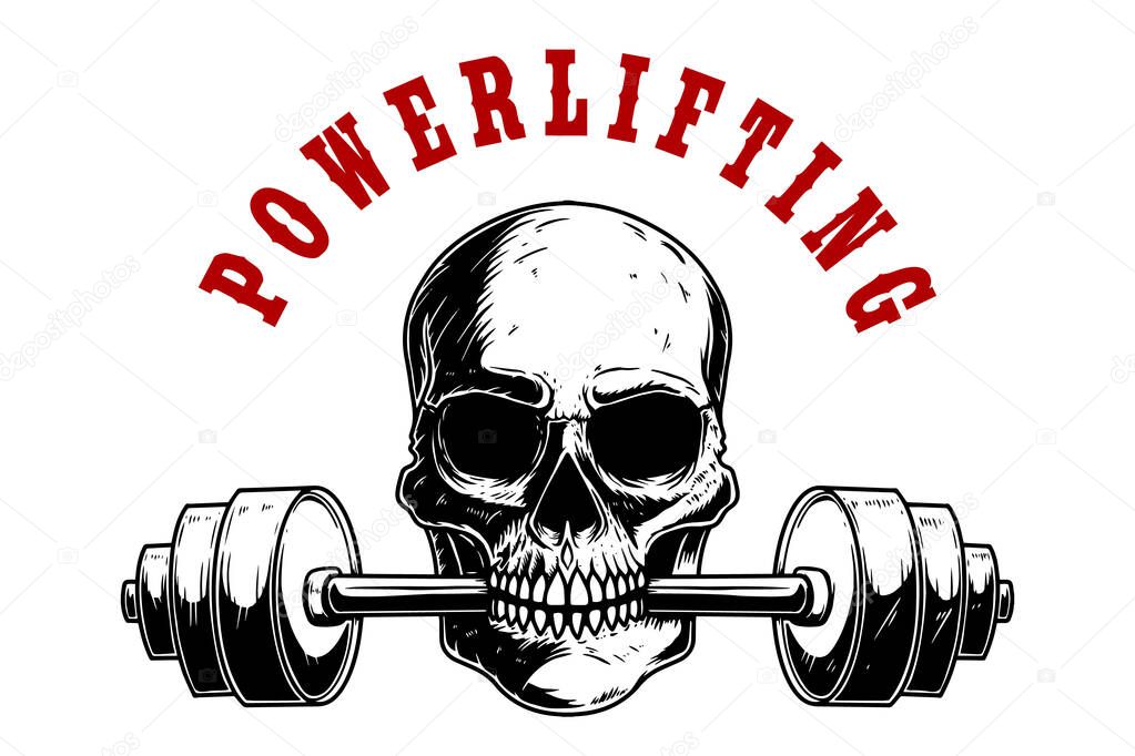 Powerlifting. Illustration of human skull with barbell in his teeth. Design element for poster, card, banner, emblem, t shirt. Vector illustration