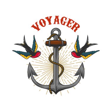 Gravür tarzında kırlangıçların olduğu klasik bir sunucu tasviri. Logo, etiket, tabela, poster ve tişört için tasarım elemanı. Vektör illüstrasyonu