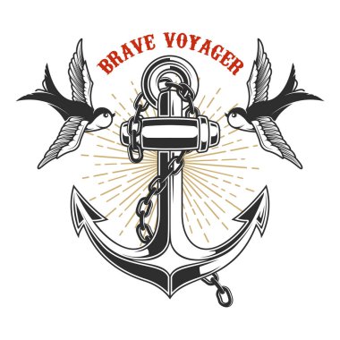 Gravür tarzında kırlangıçların olduğu klasik bir sunucu tasviri. Logo, etiket, tabela, poster ve tişört için tasarım elemanı. Vektör illüstrasyonu