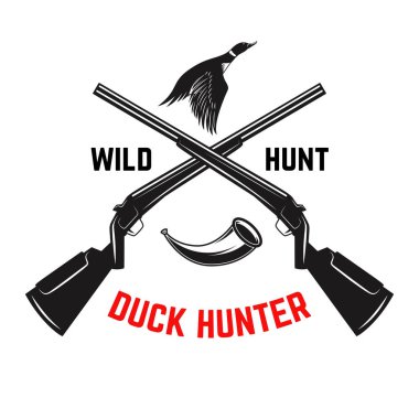 Emblem template of duck hunting club emblem with wild ducks, guns, hunting horn. Design element for logo, label, sign, poster, t shirt. Vector illustration