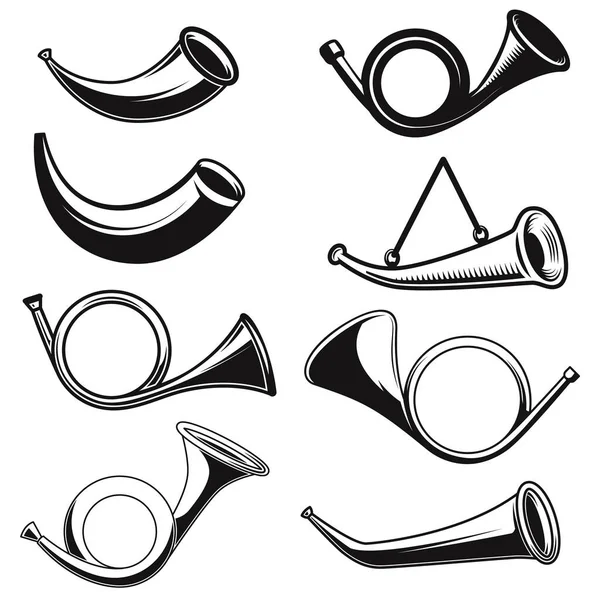 Big Set Illustrations Hunting Horns Design Element Logo Label Sign — Stock Vector