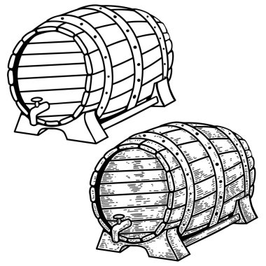 Bira fıçılarının kabartma tarzında bir tasviri. Logo, etiket, işaret, amblem, poster tasarımı. Vektör illüstrasyonu