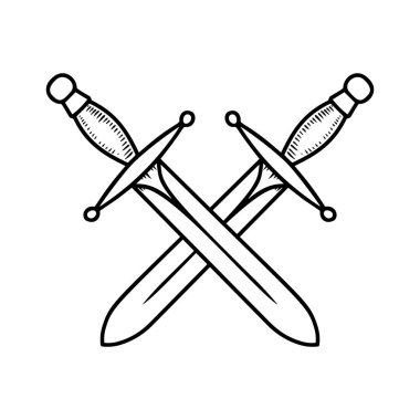 Çapraz kılıçların oymacılık tarzında eski bir tasviri. Logo, etiket, amblem ve imza için tasarım ögesi. Vektör illüstrasyonu