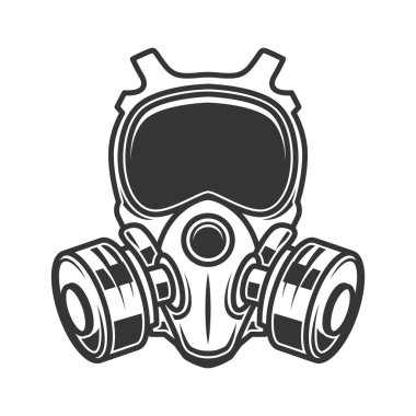 Beyaz arka planda izole edilmiş gaz maskesi tasviri. Biyolojik tehlike. Coronavirus alarmı. Poster, kart, afiş, broşür, amblem, imza için tasarım ögesi. Vektör illüstrasyonu