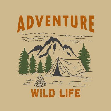 Vahşi hayat macerası. Dağlı, kamp çadırlı, orman siluetleriyle klasik tasarım. Poster, pankart, amblem, imza, logo için. Vektör illüstrasyonu
