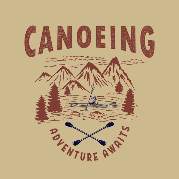 Canoeing Illustration Wild Mountains Landscape River Man Canoe Design Element — Stok Vektör