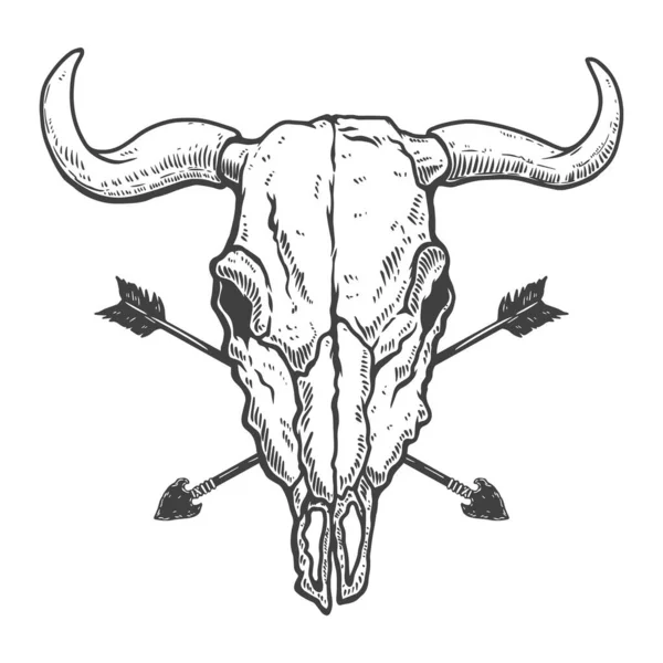 Vintage Illustration Skull Buffalo Crossed Arrows Engraving Style Design Element — Stock Vector