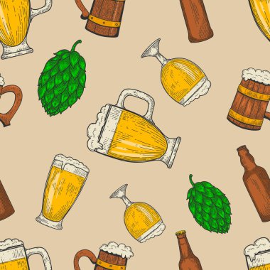 Bira bardakları ve zıplamayla kusursuz desen. Poster, paket, kart, afiş ve el ilanları için klasik tasarım. Vektör illüstrasyonu
