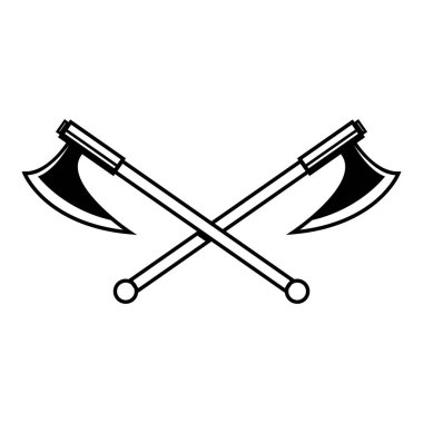 Çapraz oduncu baltalarının oyma tarzında çizimleri. Logo, etiket, amblem ve imza için tasarım ögesi. Vektör illüstrasyonu