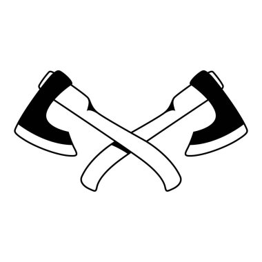 Çapraz oduncu baltalarının oyma tarzında çizimleri. Logo, etiket, amblem ve imza için tasarım ögesi. Vektör illüstrasyonu