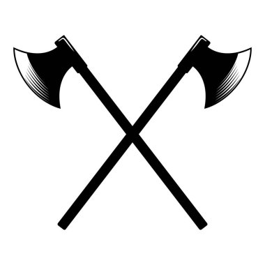 Çapraz antik baltaların oyma tarzında çizimleri. Logo, etiket, amblem ve imza için tasarım ögesi. Vektör illüstrasyonu