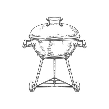Beyaz arka planda, bbq Grill 'in oymacılık tarzında resmedilmiş hali. Poster, kart, pankart, işaret, amblem için tasarım ögesi. Vektör resmi