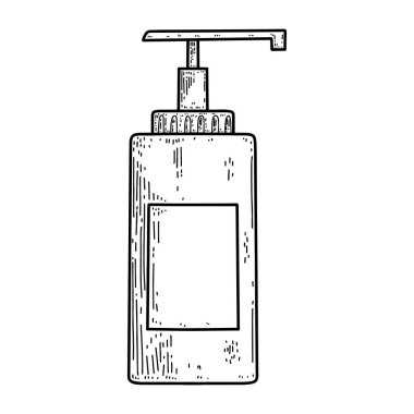 İşleme tarzında bir şişe sıvı antiseptik. Wuhan Coronavirus teması. Poster, kart, pankart, imza için tasarım elemanı. Vektör illüstrasyonu