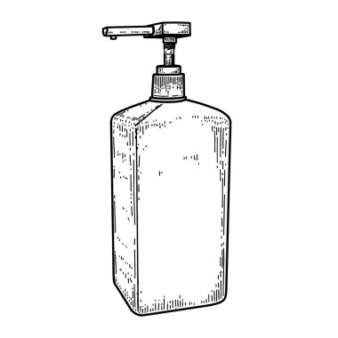 İşleme tarzında bir şişe sıvı antiseptik. Wuhan Coronavirus teması. Poster, kart, pankart, imza için tasarım elemanı. Vektör illüstrasyonu