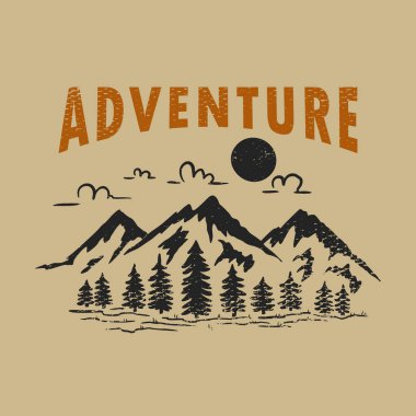Vahşi hayat macerası. Dağlı klasik tasarım, orman siluetleri. Poster, pankart, amblem, imza, logo için. Vektör illüstrasyonu