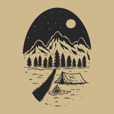 Vahşi hayat macerası. Dağlı, kamp çadırlı, orman siluetleriyle klasik tasarım. Poster, pankart, amblem, imza, logo için. Vektör illüstrasyonu