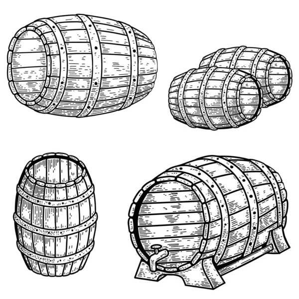 Zestaw Ilustracji Drewnianej Beczki Piwa Grawerowanym Stylu Element Projektu Logo — Wektor stockowy