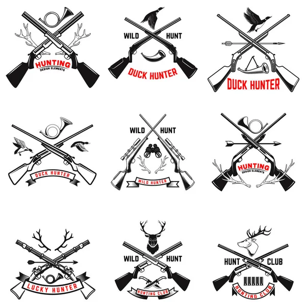 Bir Dizi Amblemi Şablonu Tüfekleri Köpek Ördek Geyik Logo Etiket — Stok Vektör