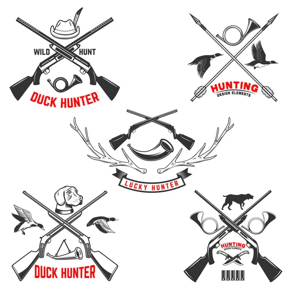 Set Hunting Emblem Templates Hunting Rifles Dog Duck Deer Design — Stock Vector