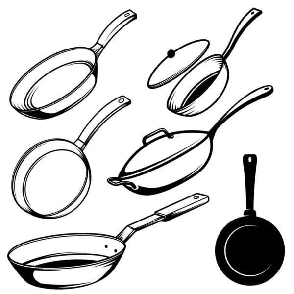 Conjunto Ilustraciones Sartenes Cocina Estilo Grabado Elemento Diseño Para Póster — Vector de stock