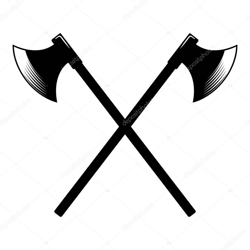 Illustrations of crossed ancient hatchets in engraving style. Design element for logo, label, emblem, sign. Vector illustration