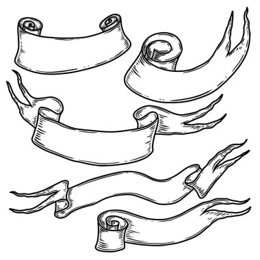 İşleme tarzında eski model kurdeleler serisi. Logo, etiket, tabela, poster ve tişört için tasarım elemanı. Vektör illüstrasyonu