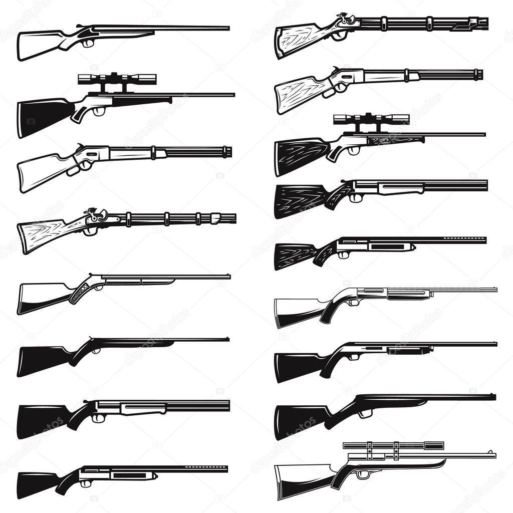 Big set of hunting guns, rifles. Design element for logo, label, sign, poster, t shirt. Vector illustration
