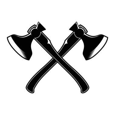Çapraz oduncu baltalarının oyma tarzında çizimleri. Logo, etiket, amblem ve imza için tasarım ögesi. Vektör illüstrasyonu
