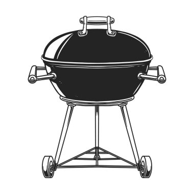 Beyaz arka planda, bbq Grill 'in oymacılık tarzında resmedilmiş hali. Poster, kart, pankart, işaret, amblem için tasarım ögesi. Vektör resmi