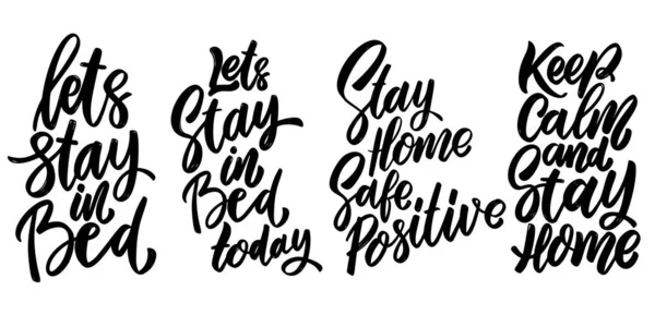 Stay Home Stay Safe Stay Bed Set Lettering Phrases White — Stock Vector