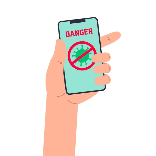 Human Hand Smartphone Coronavirus Danger Virus Threat Alert Smartphone Screen — Stock Vector