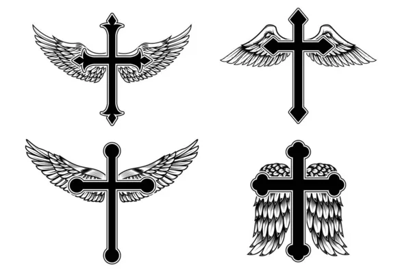 Σύνολο Απεικονίσεων Φτερωτών Χριστιανικών Θρησκευτικών Σταυρών Στοιχείο Σχεδιασμού Για Infographic — Διανυσματικό Αρχείο