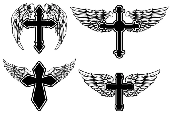Conjunto Ilustraciones Cruces Religiosas Cristianas Aladas Elemento Diseño Para Infografía — Vector de stock
