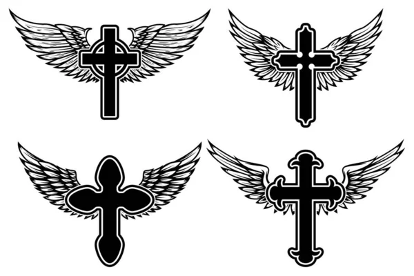 Zestaw Ilustracji Skrzydlatych Chrześcijańskich Krzyży Religijnych Element Projektowy Infografiki Emblematu — Wektor stockowy