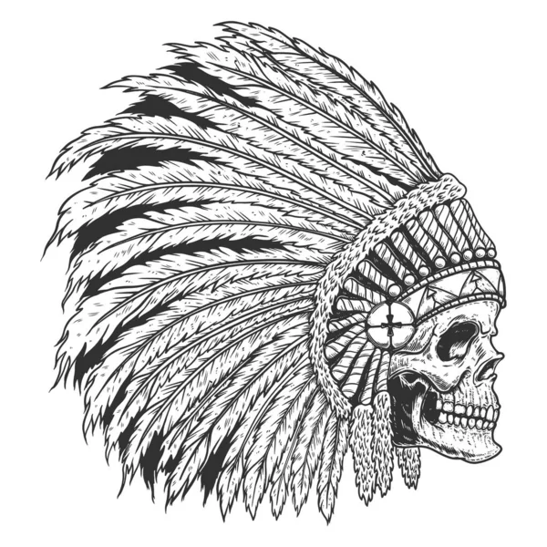 伝統的な頭飾りにインディアンの頭蓋骨のイラスト ラベル エンブレム サイン バッジのデザイン要素 ベクターイラスト — ストックベクタ