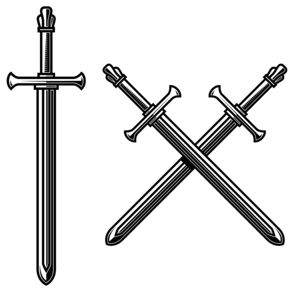 Ilustracja Skrzyżowanych Mieczy Rycerskich Grawerowanym Stylu Element Projektu Logo Etykieta — Wektor stockowy