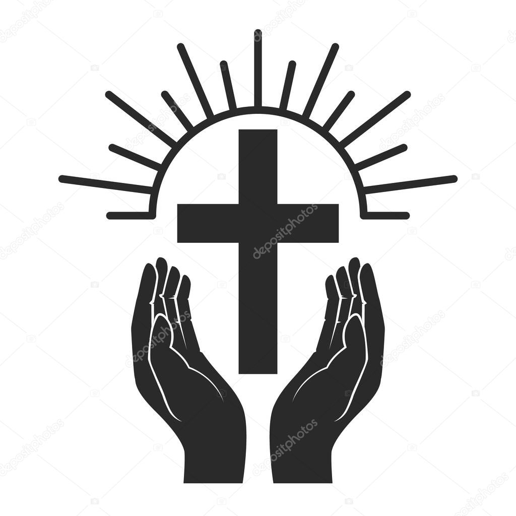 Hands with shining holy cross. Design element for logo, label, emblem, sign, badge. Vector illustration