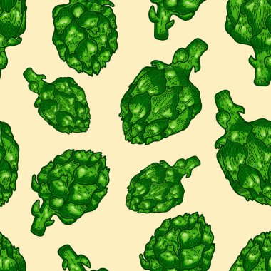 Enginar ile kusursuz desen. Poster, kart, el ilanı, afiş, dekorasyon için tasarım öğesi. Vektör illüstrasyonu