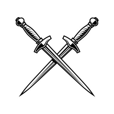 Çapraz hançerlerin oymacılık tarzında resmedilmiş hali. Logo, etiket, amblem ve imza için tasarım ögesi. Vektör illüstrasyonu