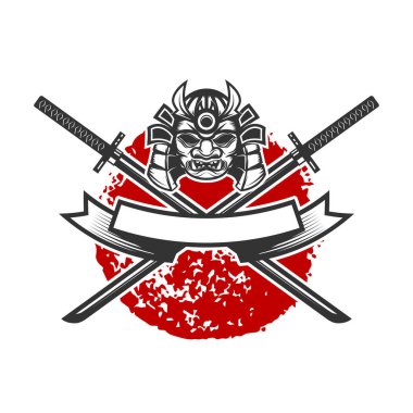 Samuray miğferi ve çapraz katana kılıçlarıyla amblem. Logo, etiket, tabela, poster ve tişört için tasarım elemanı. Vektör illüstrasyonu