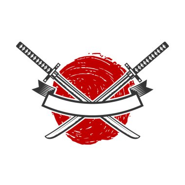 Çapraz katana kılıçlarıyla amblem. Logo, etiket, tabela, poster ve tişört için tasarım elemanı. Vektör illüstrasyonu