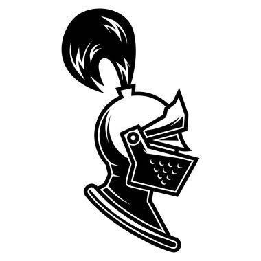 Şövalye miğferi gravür tarzında resmedilmiş. Logo, etiket, amblem ve imza için tasarım ögesi. Vektör illüstrasyonu