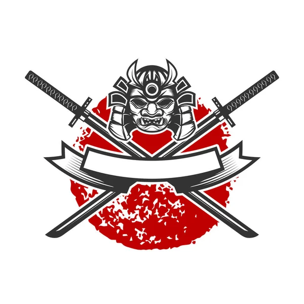 Emblema Con Casco Samurai Spade Katana Incrociate Elemento Design Logo — Vettoriale Stock