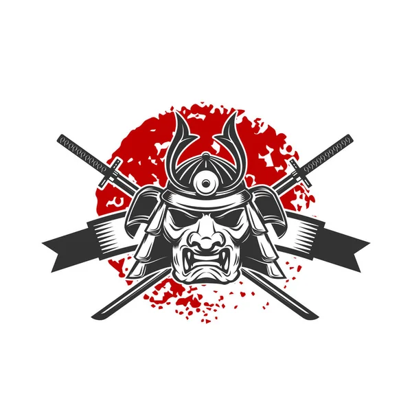 Samuray Miğferi Çapraz Katana Kılıçlarıyla Amblem Logo Etiket Tabela Poster — Stok Vektör